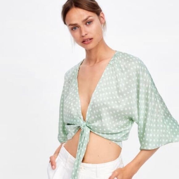Zara Mint Green & White Polka Dot V-Neck Tie Top - Picture 2 of 8